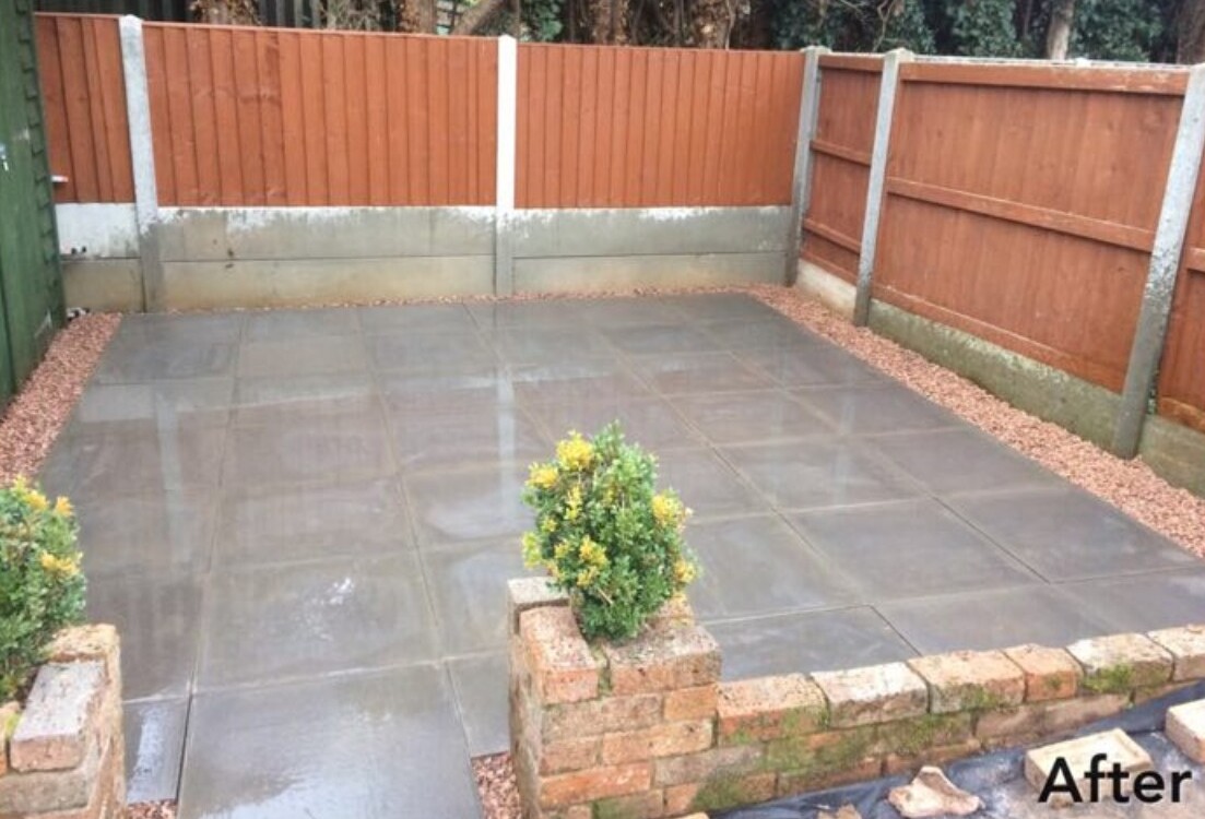 Completed modern paving stone garden patio installation in Wiltshire